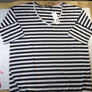 #590 Women's XL Black and white striped stretch knit kimono style t-shirt dress